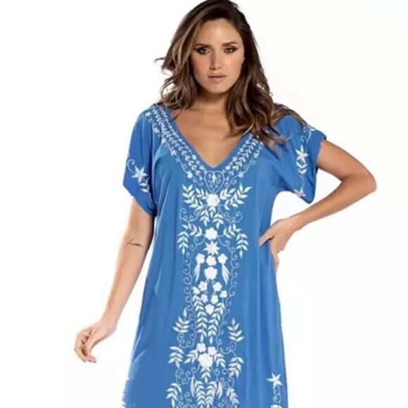 Ocean Blue Boho Embroidered Side Splits Long Kaftan Dress Cover Up NEW - Picture 1 of 4